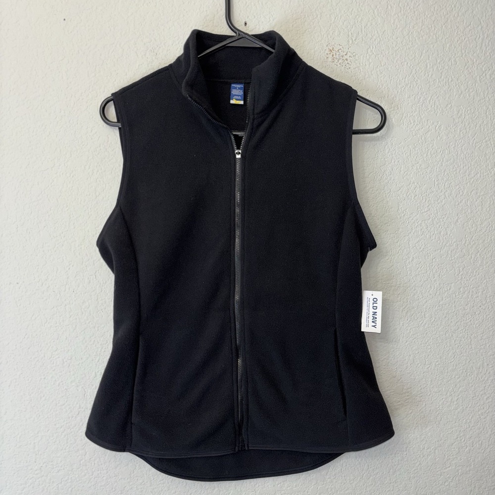 NWT Old Navy Black Microfleece Full Zip Vest Women's Size S Curved Hem Mock Neck